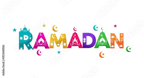 Celebratory Ramadan illustration with colorful text and crescent moon symbols