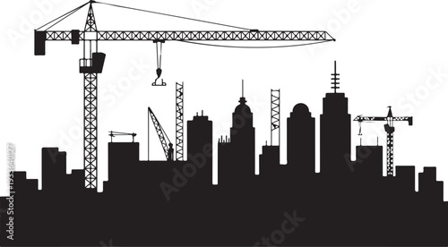 Black silhouette cityscape with construction cranes