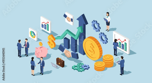Financial growth illustration featuring people, coins, and graphs surrounding a large arrow pointing upwards, symbolizing success and prosperity in a business environment