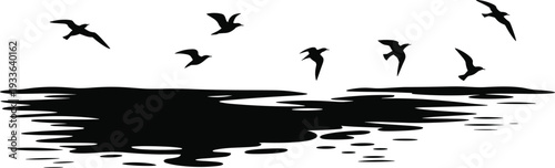 Seagulls flying over ocean silhouette vector illustration, coastal sea birds above water isolated black seaside landscape design on white background