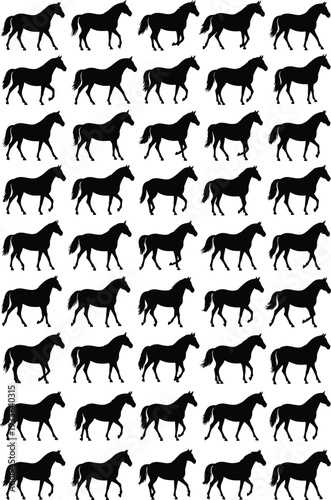 Horse silhouettes collection set, running and walking equine poses isolated on white background, black stallion and mare shapes for ranch logo, farm branding design