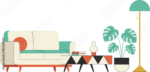 Modern Mid Century Living Room Vector Illustration Featuring A Stylish Sofa Geometric Coffee Table Monstera Houseplant And Floor Lamp For Interior Design Home Decor Concepts