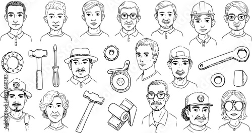 Hand-drawn collection of diverse male and female faces with various work tools, representing different professions and skilled labor.