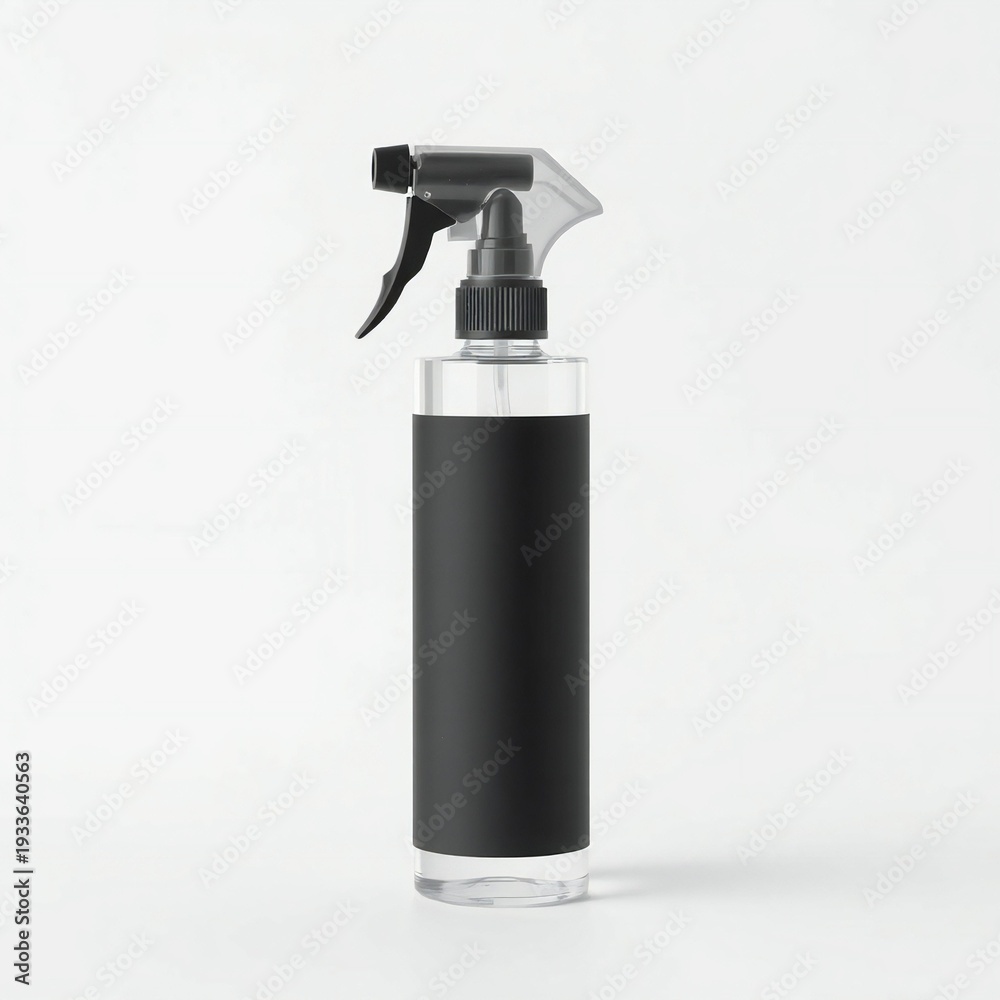 Obraz premium A clear plastic spray bottle with a black label and a black spray nozzle.