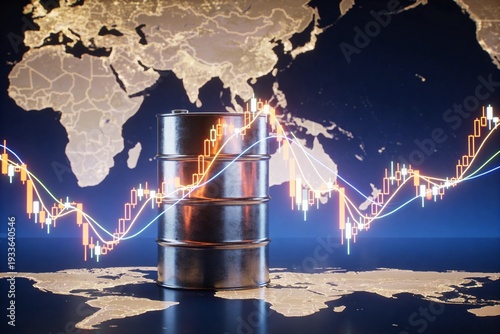 Oil Barrel and Global Market Trends Analysis on World Map Graph