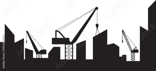 Black silhouette cityscape with construction cranes