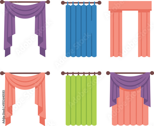 Set of colorful window curtains and luxury drapes collection with various fabric styles including valances swags and hanging panels in flat vector design