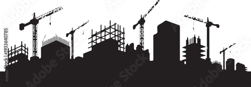 Black silhouette cityscape with construction cranes and buildings