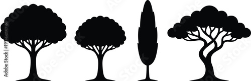 Set Of Four Minimalist Black Tree Silhouettes Including Oak Pine And Cypress Styles For Landscaping Design Architectural Site Plans Nature Branding And Forest Graphics