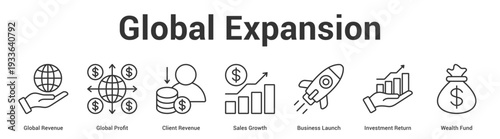 Global Expansion web banner icon set vector illustration concept for business with icon of Global Revenue, Global Profit, Client Revenue, Sales Growth, Business Launch, Investment Retu.