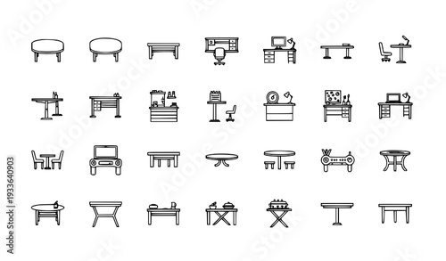 Modern Table Outline Icons Collection Editable Stroke Furniture Symbols Set