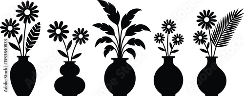 Set Of Minimalist Black Silhouette Flower Vases And Houseplants Vector Illustration Collection Featuring Floral Bouquets And Leaves For Elegant Home Decor And Graphic Design