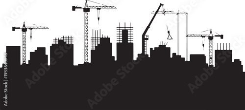 Black silhouette cityscape with construction cranes and buildings