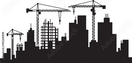 Black silhouette cityscape with construction cranes and buildings