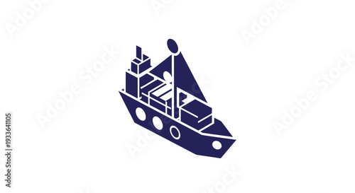 Illustration of a blue cargo ship sailing on water.