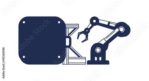 Industrial Robotic Arm Assembling A Large Component.