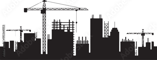 Black silhouette cityscape with construction cranes and buildings