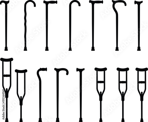 Set of black walking canes and crutches isolated on white background, vintage and medical mobility aids collection silhouette illustration clipart design element pack