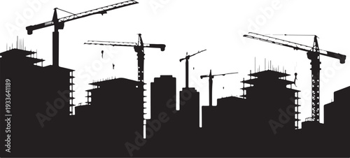 Black silhouette cityscape with construction cranes and building