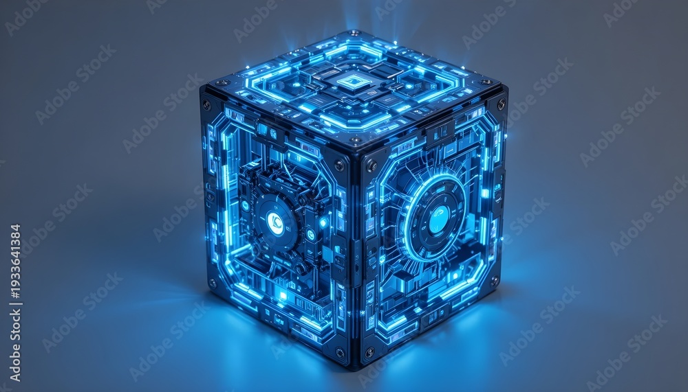 Obraz premium Complex digital quantum computing cube, internal glowing mechanisms and circuits, isometric view, mysterious and high tech