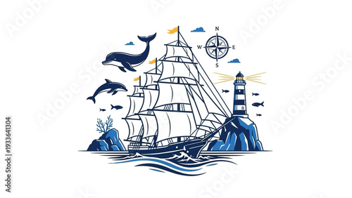 Ship Sailing Near Lighthouse Sea.