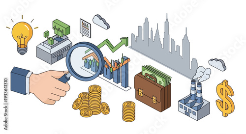 Business Analysis with Magnifying Glass and Financial Charts in Modern Cityscape Illustration