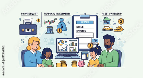 Family planning finances together on laptop with financial documents and assets displayed