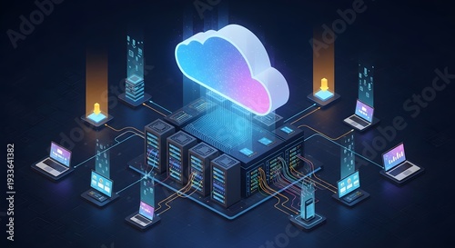 Isometric cloud computing concept, a stylized glowing digital cloud floating above server infrastructure