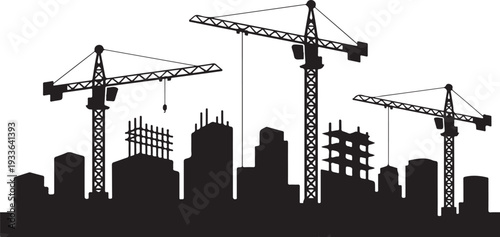 Black silhouette cityscape with construction cranes and buildings