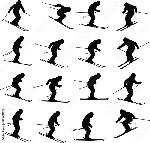 Skier silhouette collection vector set with alpine skiing poses, winter sport action icons isolated in black, dynamic downhill ski athlete illustrations for design