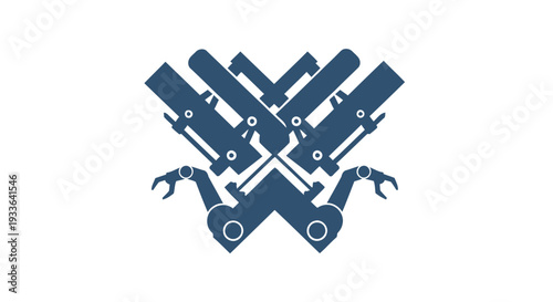 Industrial Robotic Arms Arranged in a Stylized W Shape.