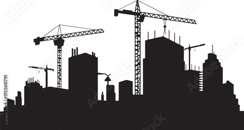 Black silhouette cityscape with construction cranes and buildings