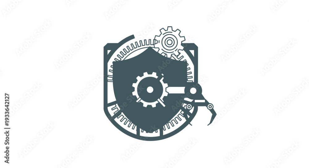 Obraz premium Industrial Security Shield with Gears and Robotic Arm.