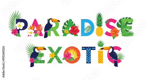 Vibrant Tropical Paradise Scene with Exotic Elements and Whimsical Design Elements from a Front View