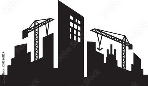 Black silhouette cityscape with construction cranes and buildings