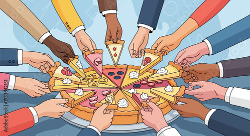 Diverse group of people sharing pizza slices from a circular tray