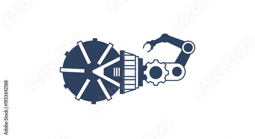 Industrial robotic arm with gears and large wheel.