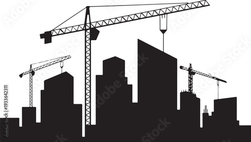 Black silhouette cityscape with construction cranes