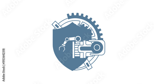 Industrial Security Shield with Robotic Arm and Gears.