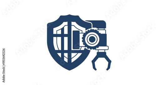Industrial Security Shield with Robotic Arm and Gear.