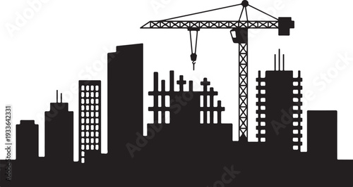 Black silhouette cityscape with crane and buildings