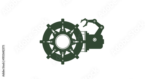 Industrial Robotic Arm Attached to a Large Gear Mechanism.
