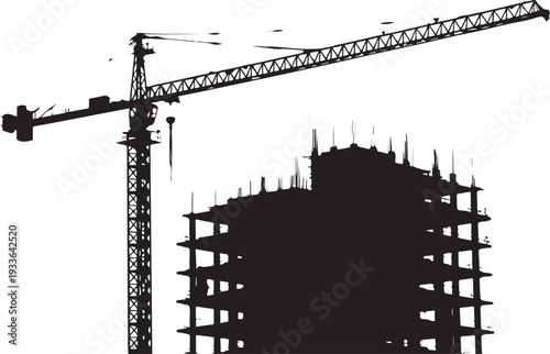 Black silhouette construction crane and building