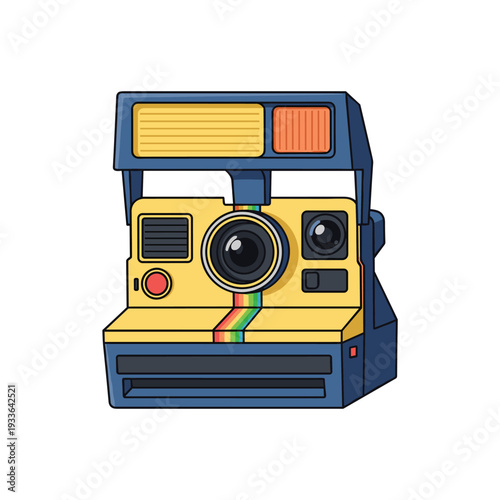 Retro Yellow Instant Camera with Rainbow Stripe.