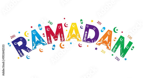 Vibrant Ramadan illustration with colorful letters and festive decorations viewed from a straightforward perspective