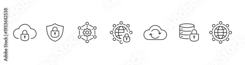 Cloud computing and cybersecurity icon set cloud security, data protection, and global network encryption. Perfect for tech and web design in thin line style, storage, server, data protection symbols