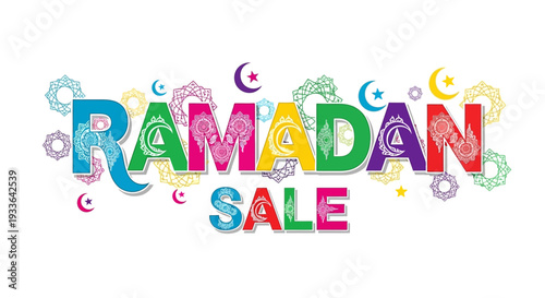 Celebrating Ramadan with a vibrant sale advertisement featuring crescent moons and stars in a festive atmosphere viewed from a straightforward perspective