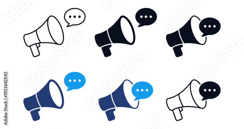 Megaphone with speech bubble icon set in flat and solid styles, marketing, communication and announcement concept vector