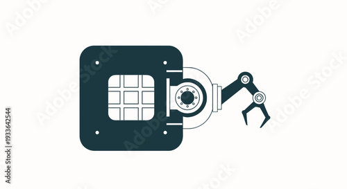 Industrial robotic arm with gripper attached to a large machine.
