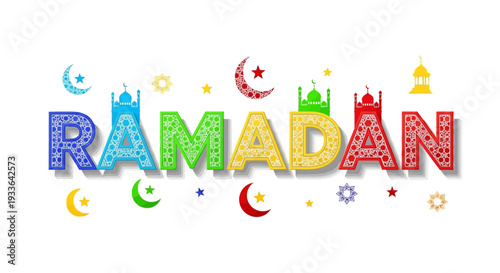 Vibrant Ramadan Illustration Featuring Crescent Moon and Star Symbols in Multicolored Typography
